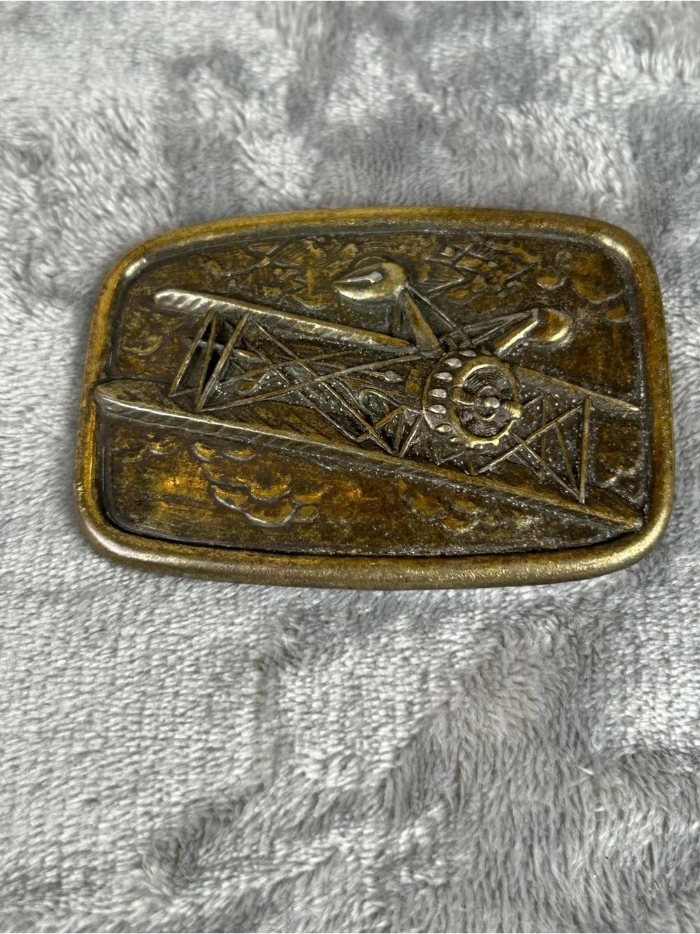 Vintage Brass ? Belt Buckle BiPlane Airplane By Avon Patina Retro 70s‎